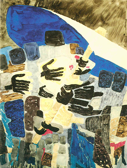 Målning, tempera på papper, "FN-paraplyet", av Vera Nilsson, 1961.